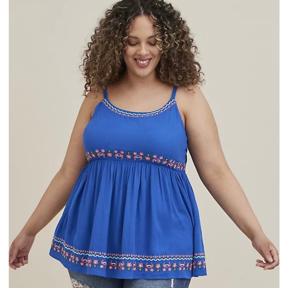 Torrid - BABYDOLL TANK - EMBROIDERED GAUZE BLUE